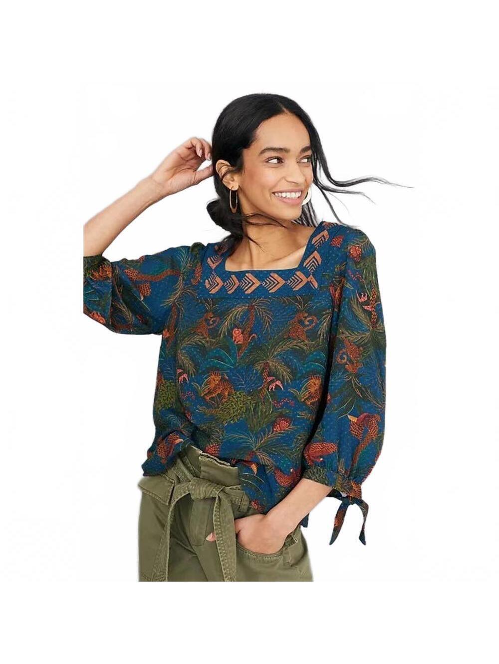 Anthropologie Farm Rio Bianca Blouse Puffed Sleeve Jungle Print Square Neck XS
